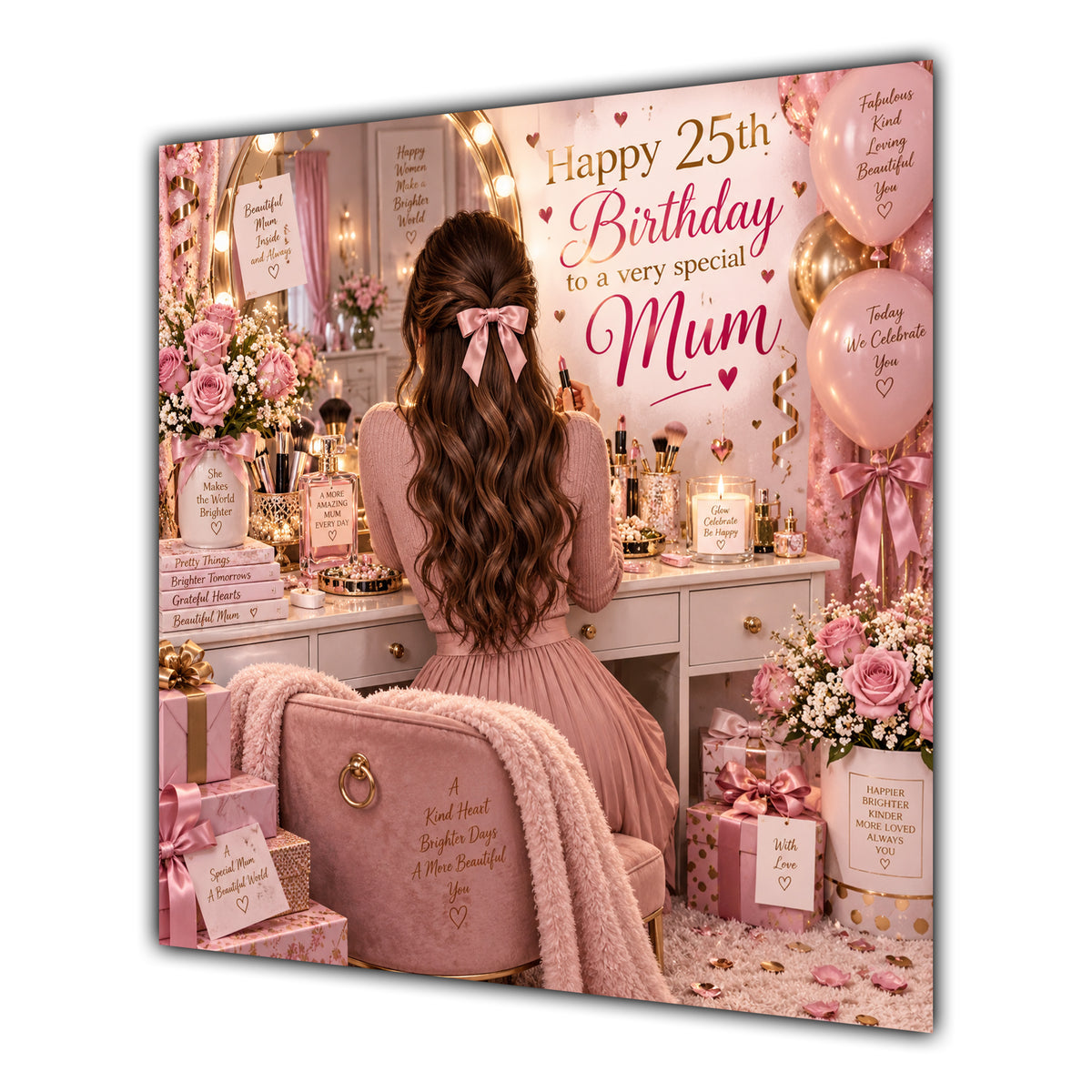 Mum 25th Birthday Card Brunette Dressing Table Pink Roses