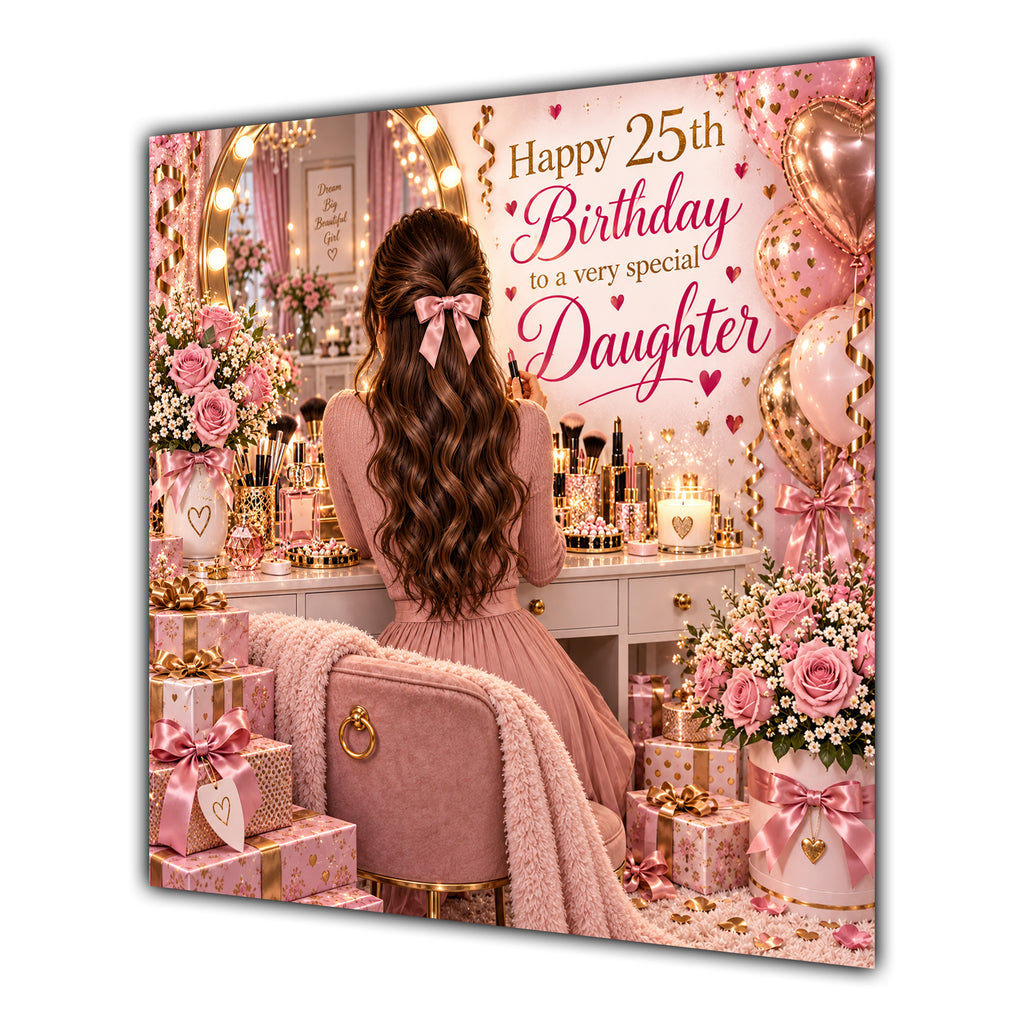 Daughter 25th Birthday Card Brunette Dressing Table Pink Roses
