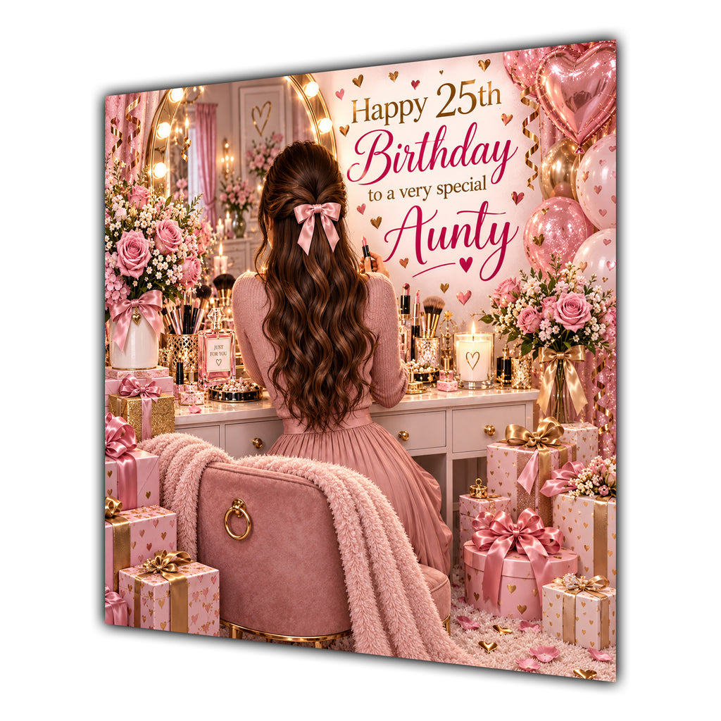 Aunty 25th Birthday Card Brunette Dressing Table Pink Roses
