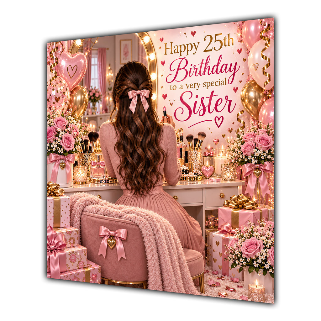 Sister 25th Birthday Card Brunette Dressing Table Pink Roses