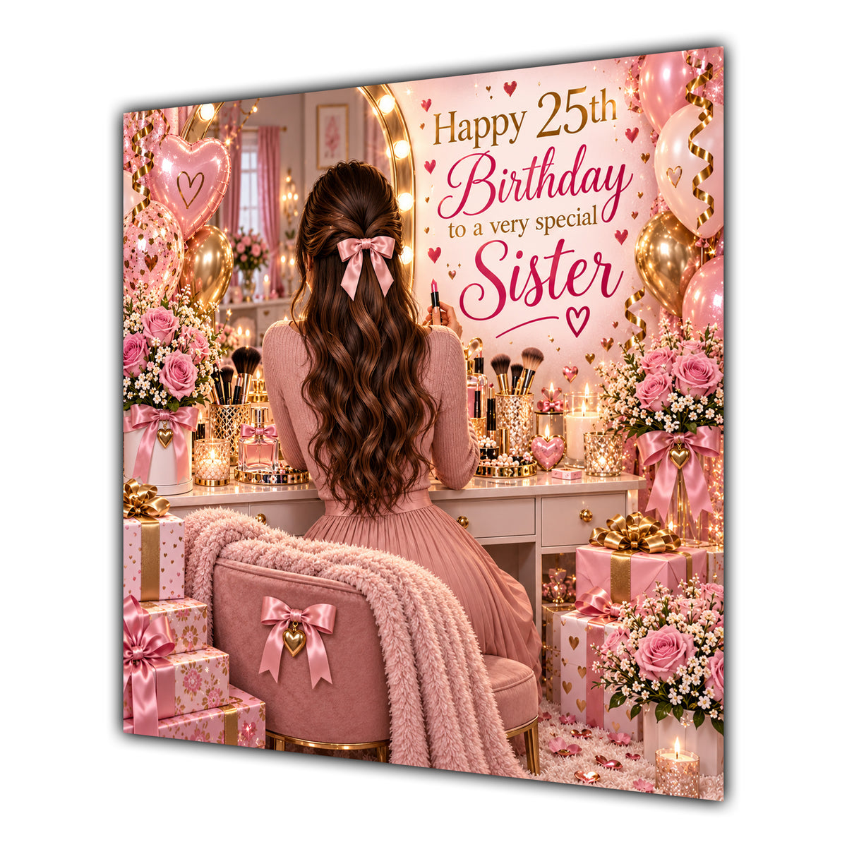 Sister 25th Birthday Card Brunette Dressing Table Pink Roses