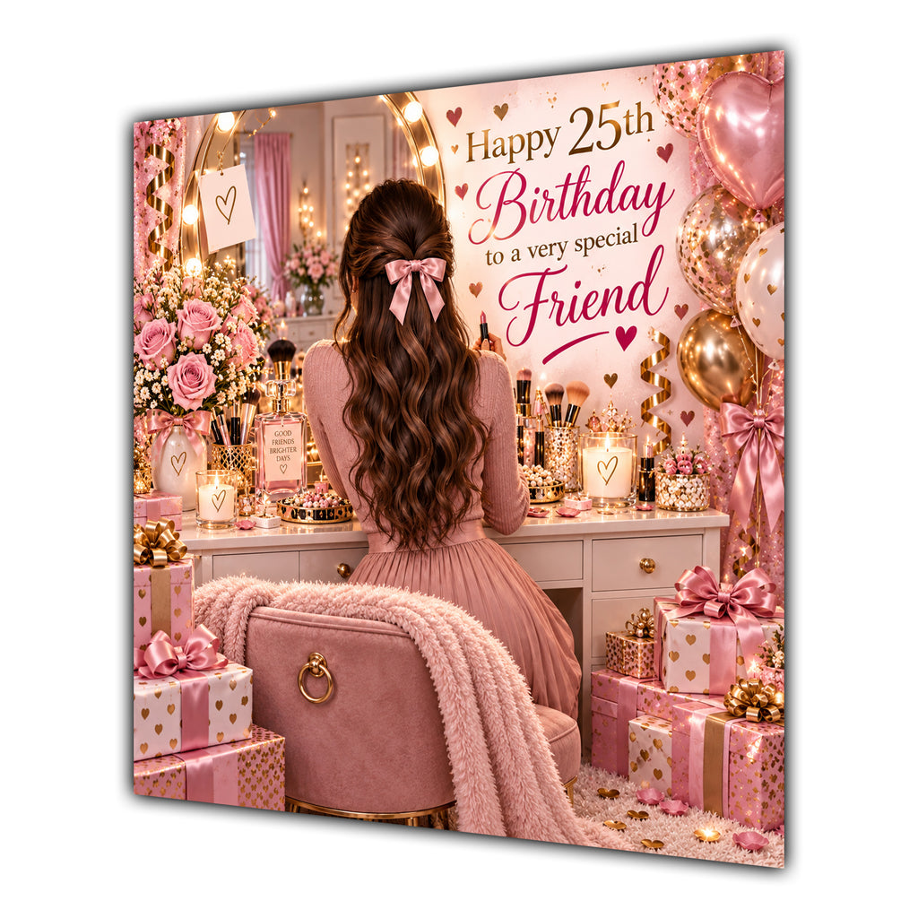 Friend 25th Birthday Card Brunette Dressing Table Pink Roses
