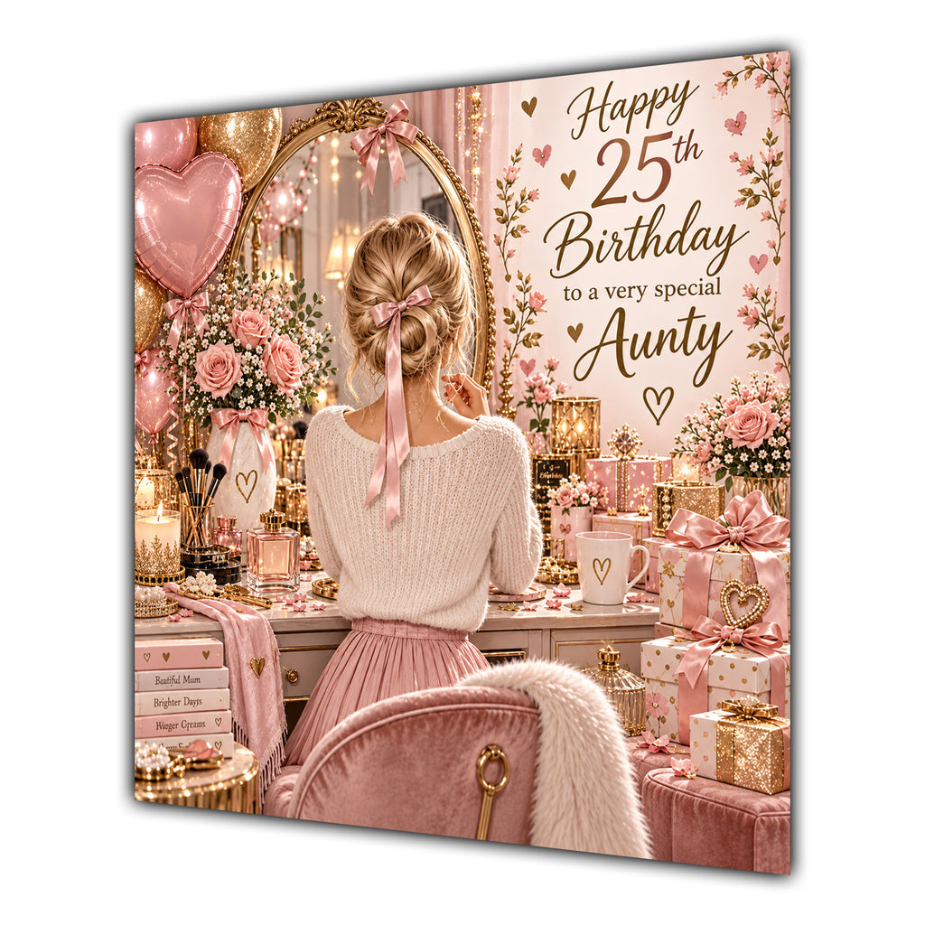 Aunty 25th Birthday Card Blonde Dressing Table Pink Roses