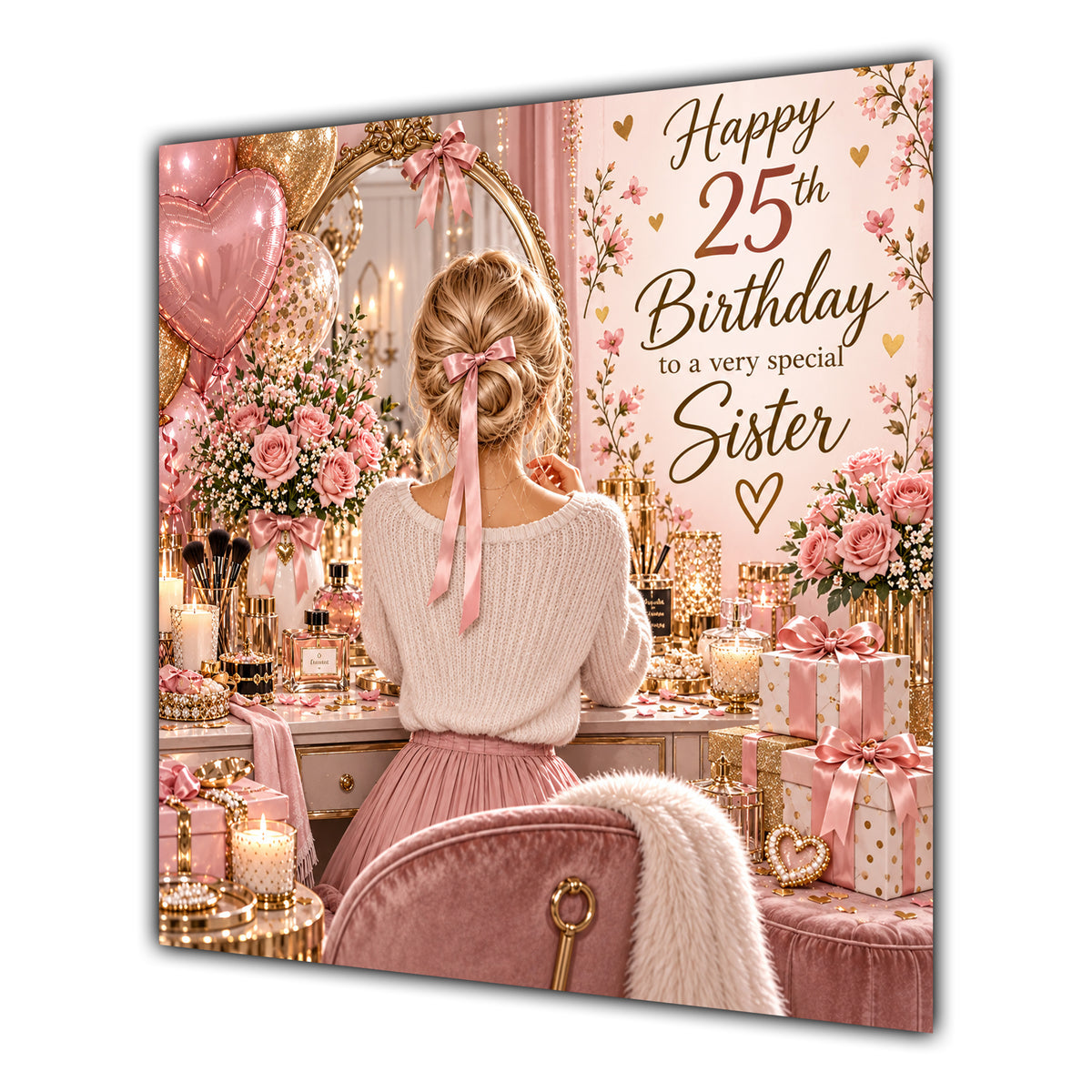 Sister 25th Birthday Card Blonde Dressing Table Pink Roses