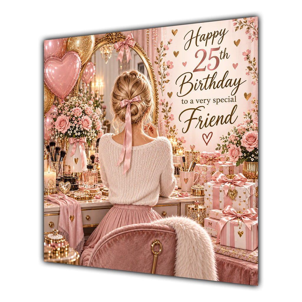 Friend 25th Birthday Card Blonde Dressing Table Pink Roses