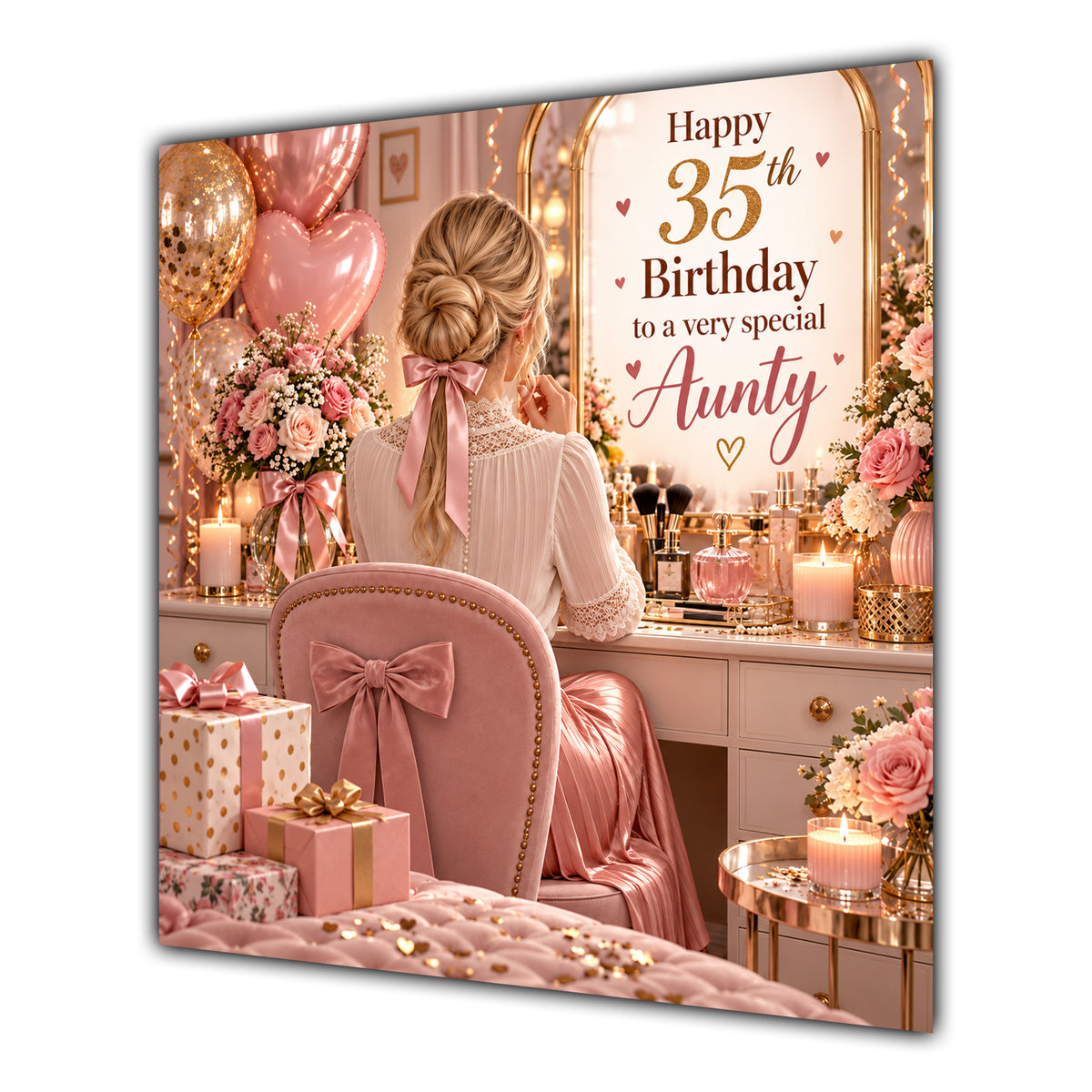 Aunty 35th Birthday Card Blonde Dressing Table Pink Roses