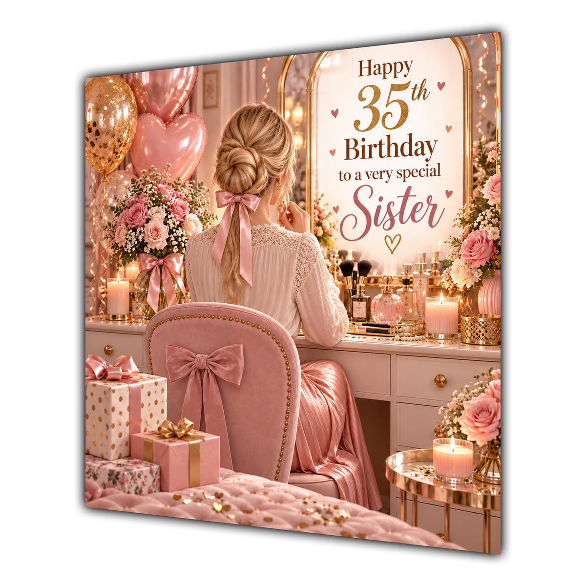 Sister 35th Birthday Card Blonde Dressing Table Pink Roses