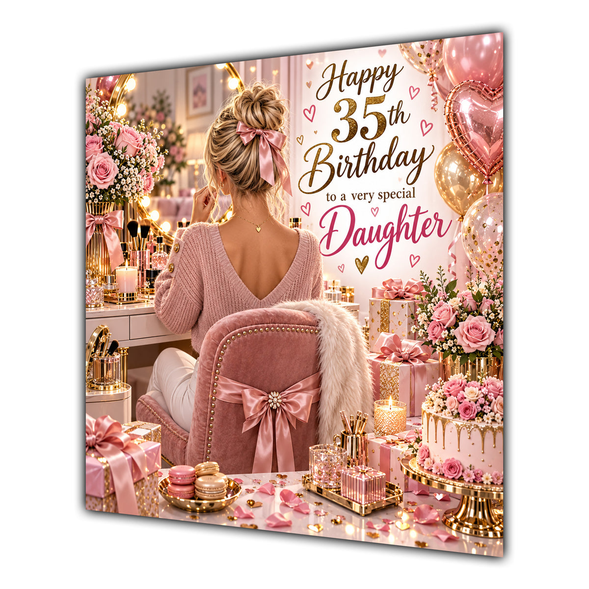Daughter 35th Birthday Card Blonde Dressing Table Pink Roses