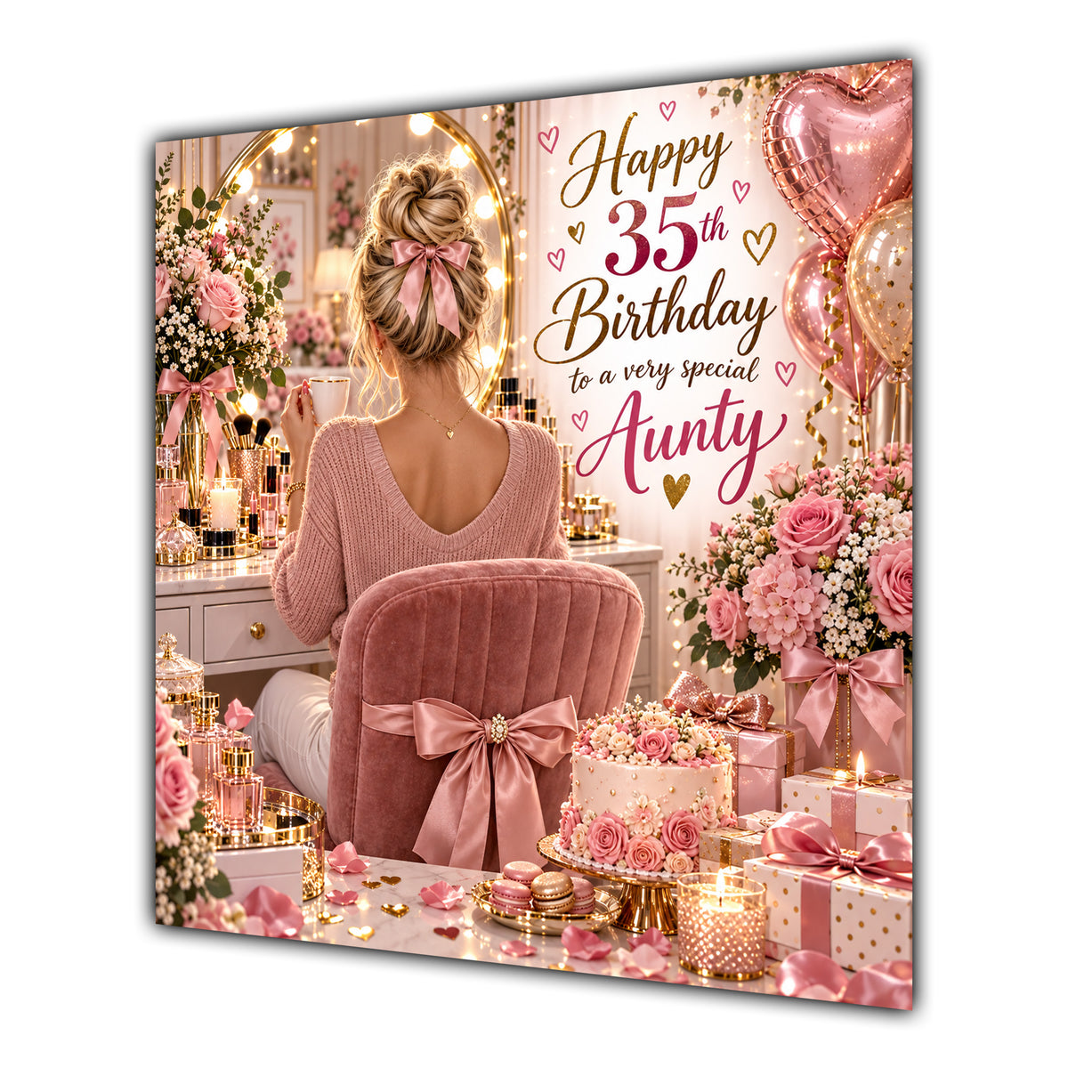 Aunty 35th Birthday Card Blonde Dressing Table Pink Roses