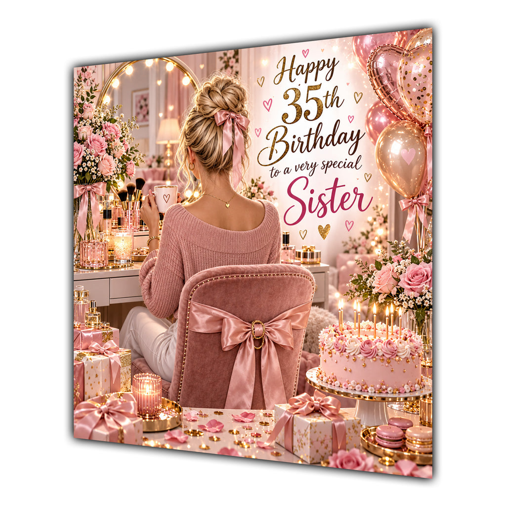 Sister 35th Birthday Card Blonde Dressing Table Pink Roses