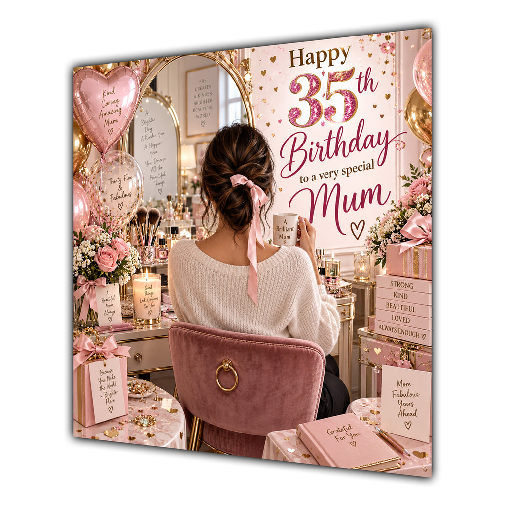 Mum 35th Birthday Card Brunette Dressing Table Pink Roses