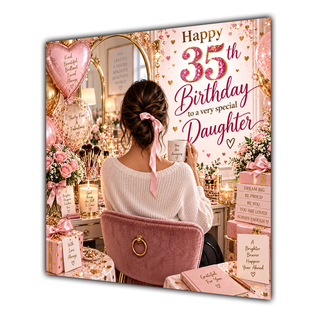 Daughter 35th Birthday Card Brunette Dressing Table Pink Roses