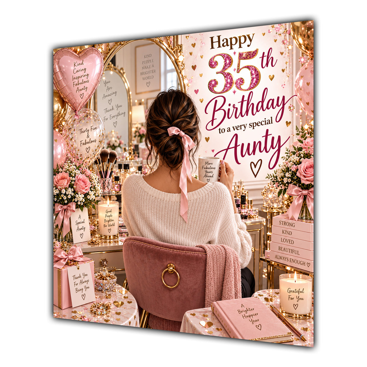 Aunty 35th Birthday Card Brunette Dressing Table Pink Roses
