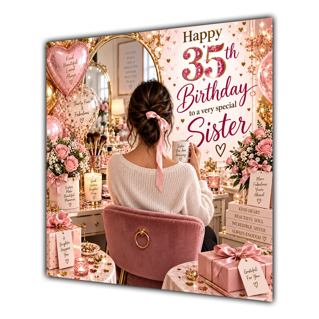 Sister 35th Birthday Card Brunette Dressing Table Pink Roses