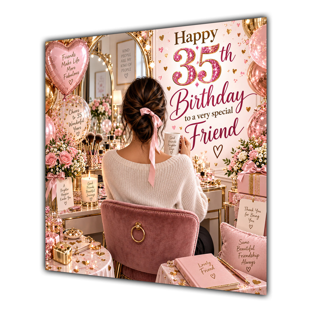 Friend 35th Birthday Card Brunette Dressing Table Pink Roses