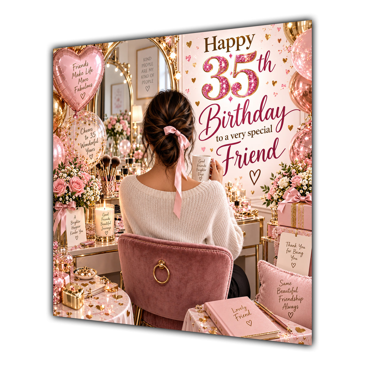 Friend 35th Birthday Card Brunette Dressing Table Pink Roses