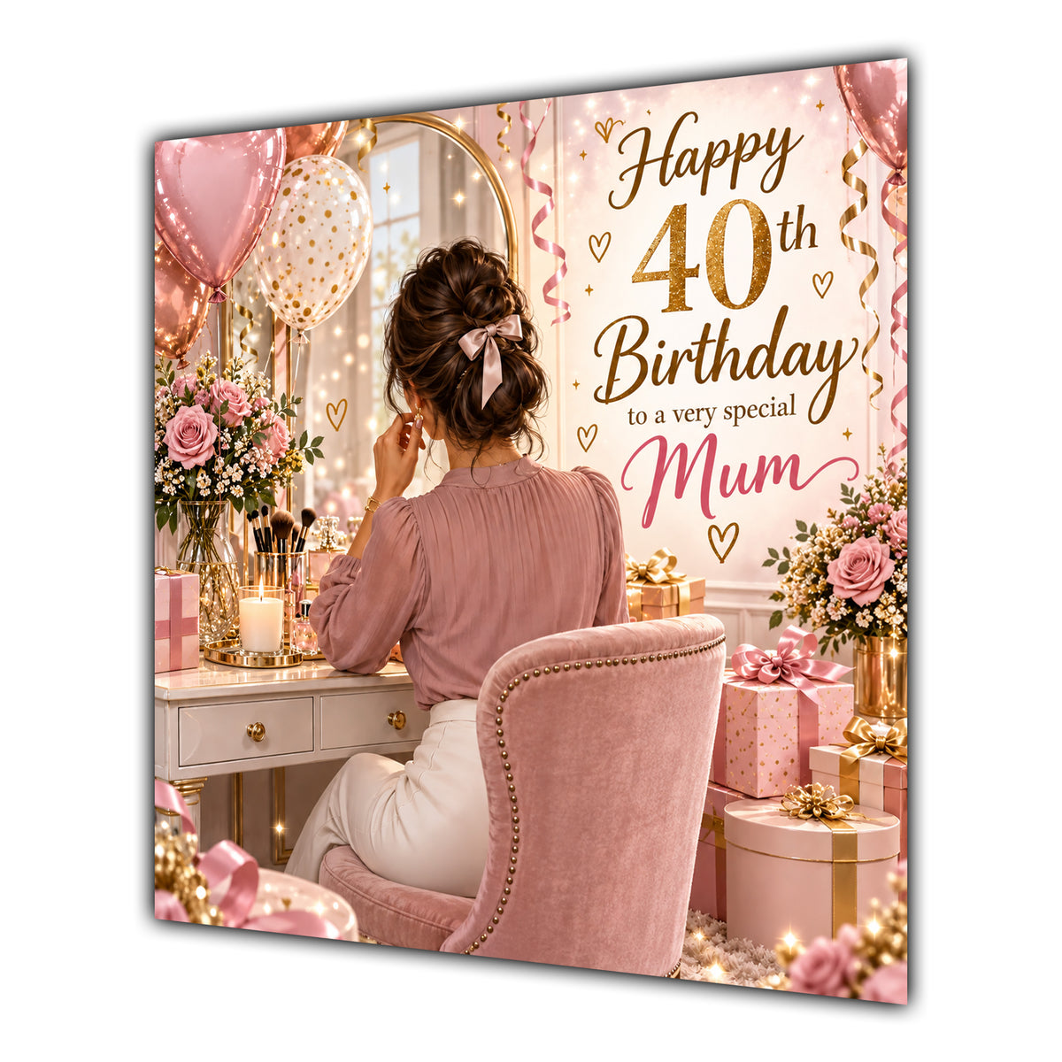 Mum 40th Birthday Card Brunette Dressing Table Pink Roses