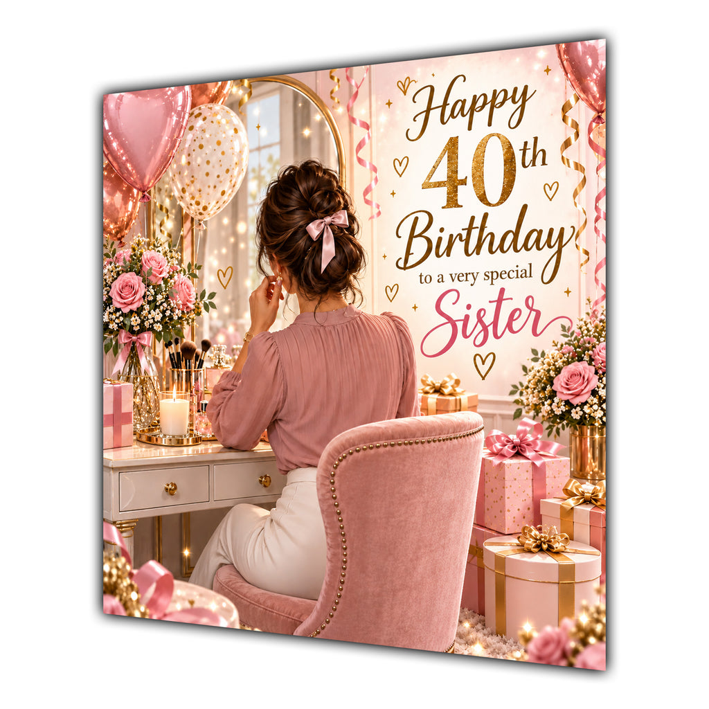 Sister 40th Birthday Card Brunette Dressing Table Pink Roses