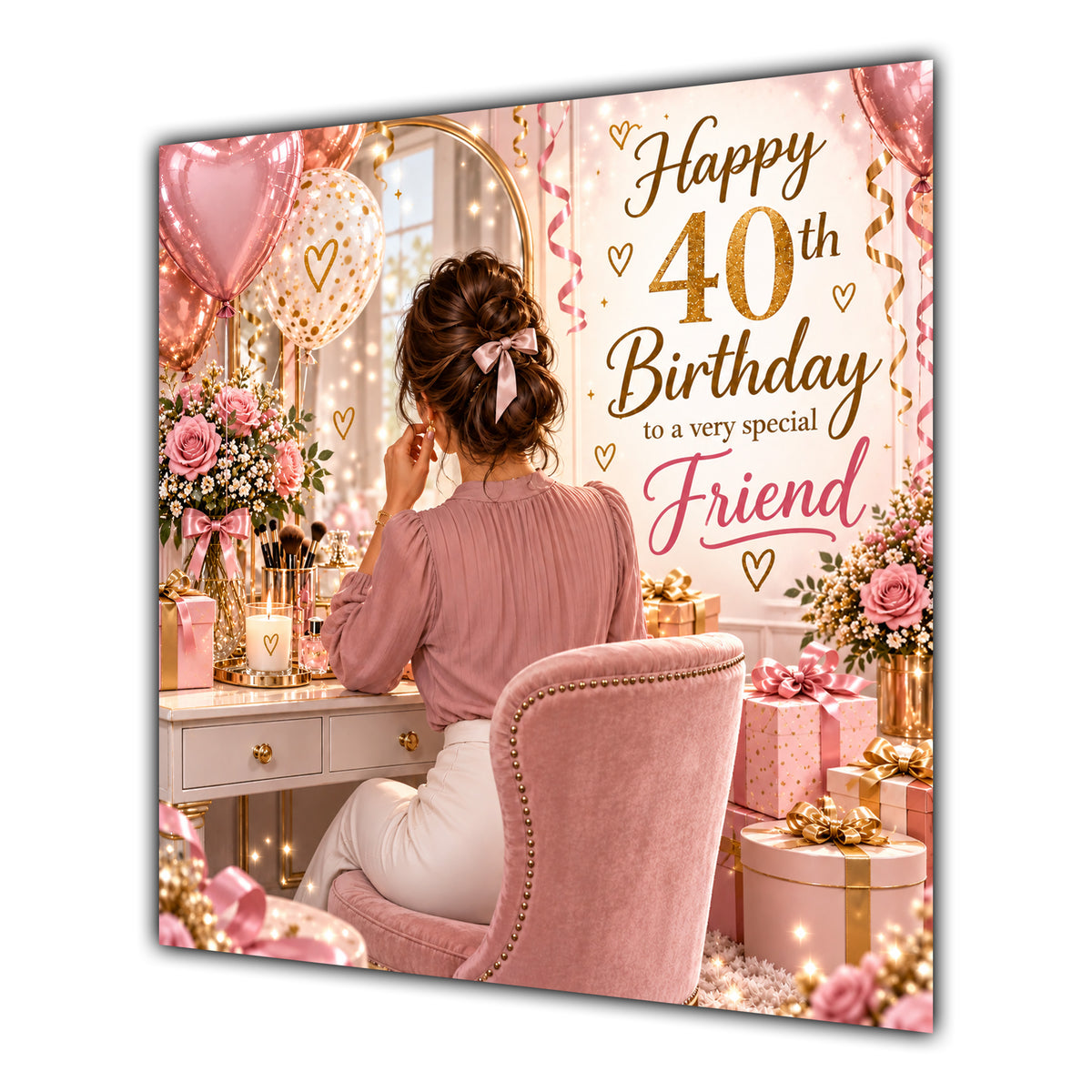 Friend 40th Birthday Card Brunette Dressing Table Pink Roses