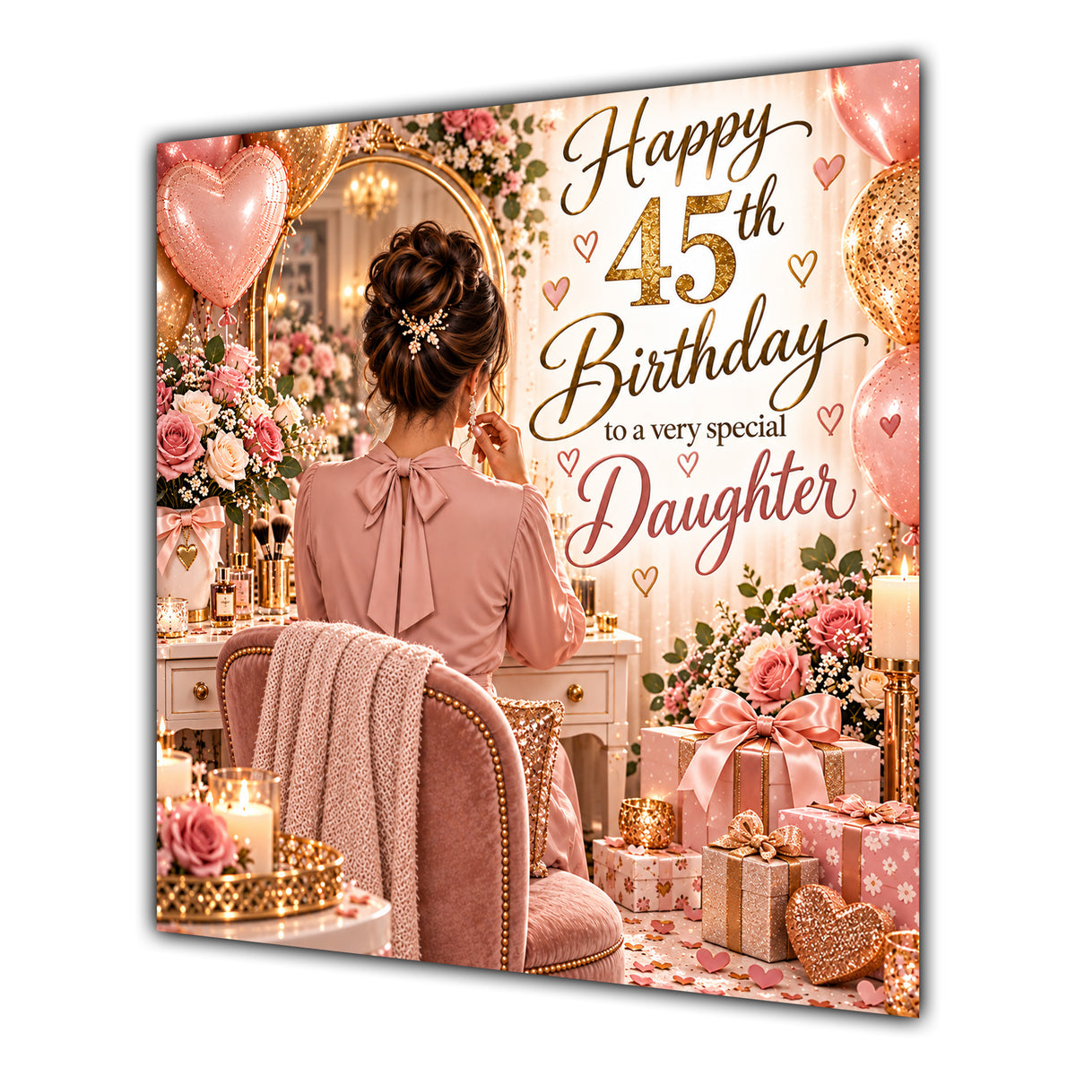 Daughter 45th Birthday Card Brunette Dressing Table Pink Roses