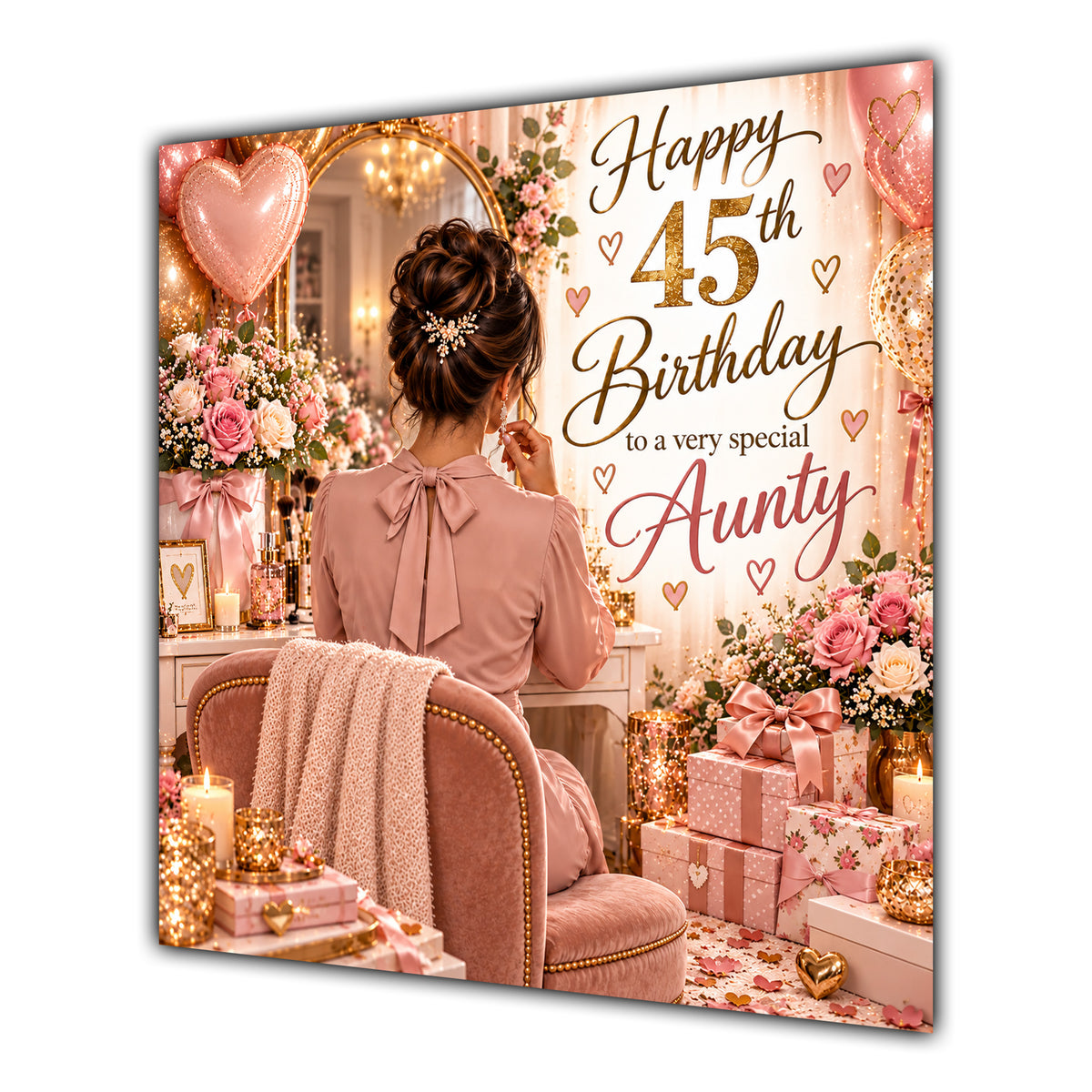 Aunty 45th Birthday Card Brunette Dressing Table Pink Roses
