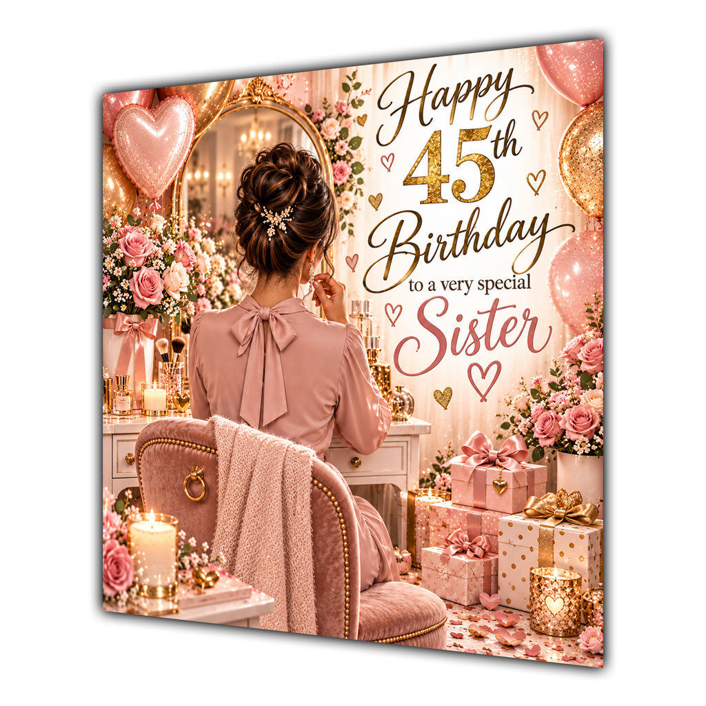 Sister 45th Birthday Card Brunette Dressing Table Pink Roses