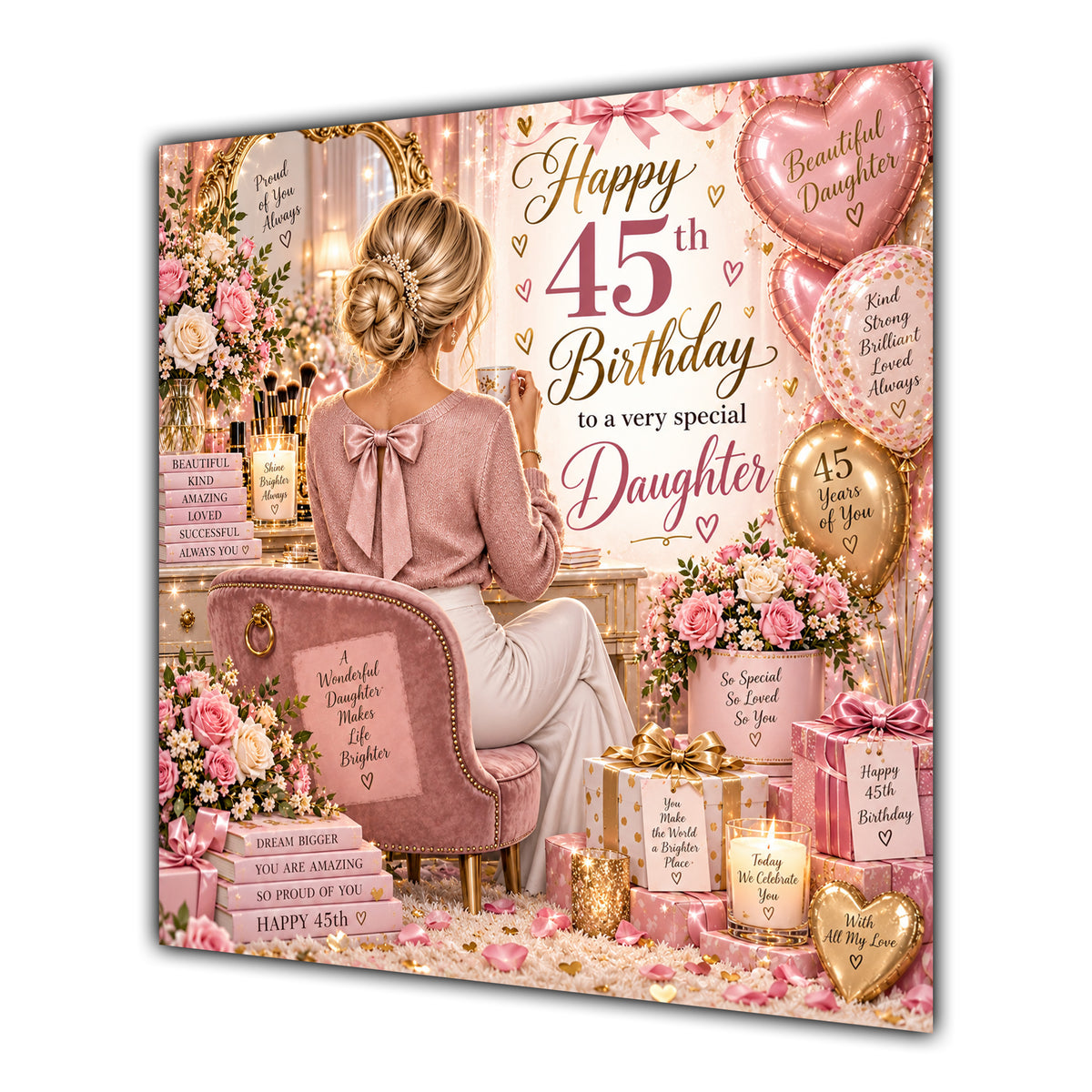 Daughter 45th Birthday Card Blonde Dressing Table Pink Roses