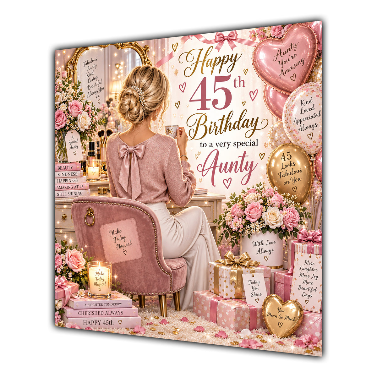 Aunty 45th Birthday Card Blonde Dressing Table Pink Roses