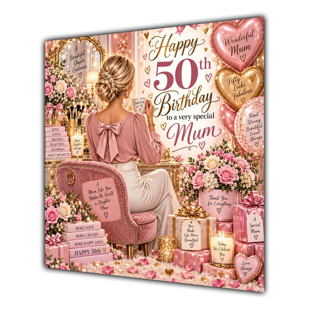 Mum 50th Birthday Card Blonde Dressing Table Pink Roses