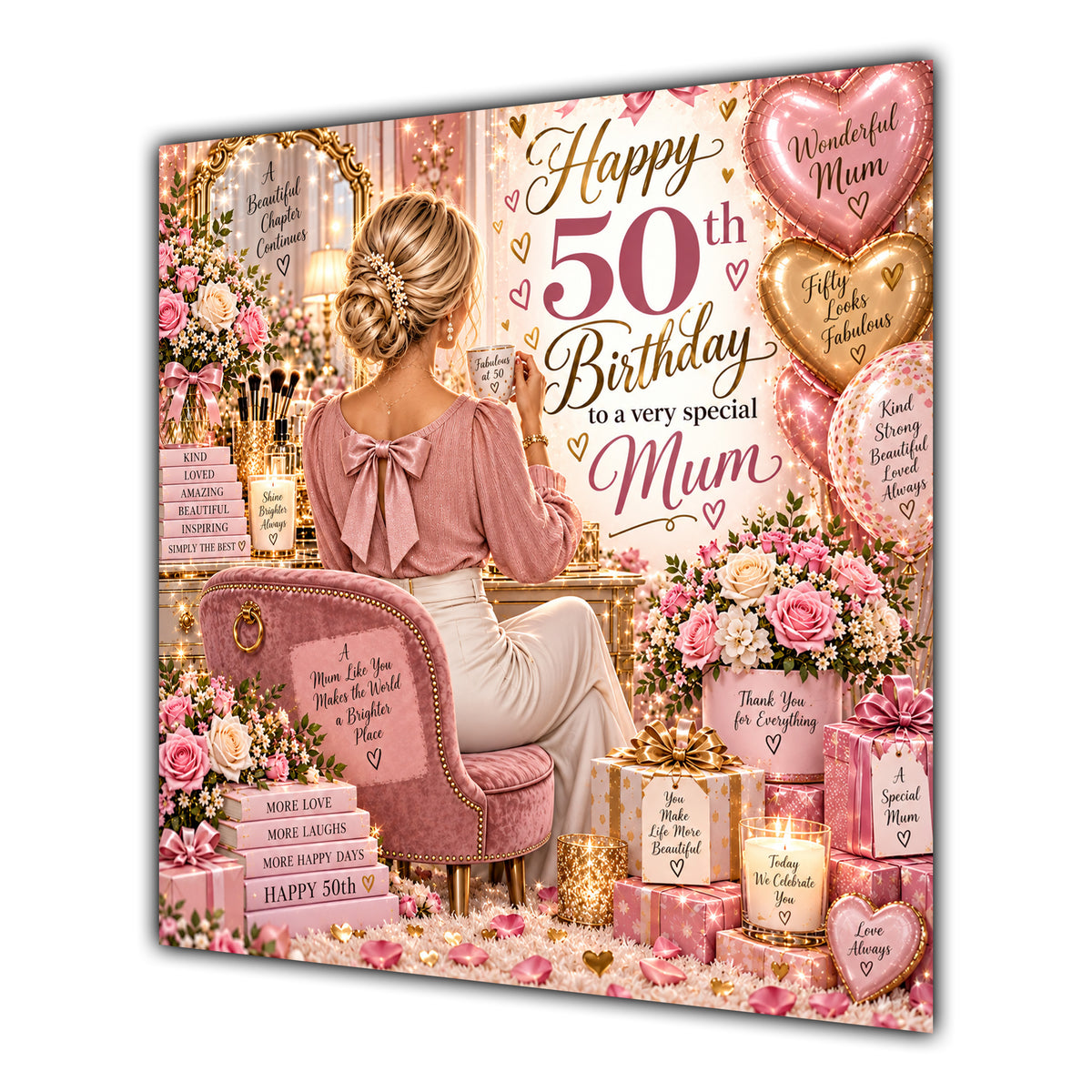 Mum 50th Birthday Card Blonde Dressing Table Pink Roses
