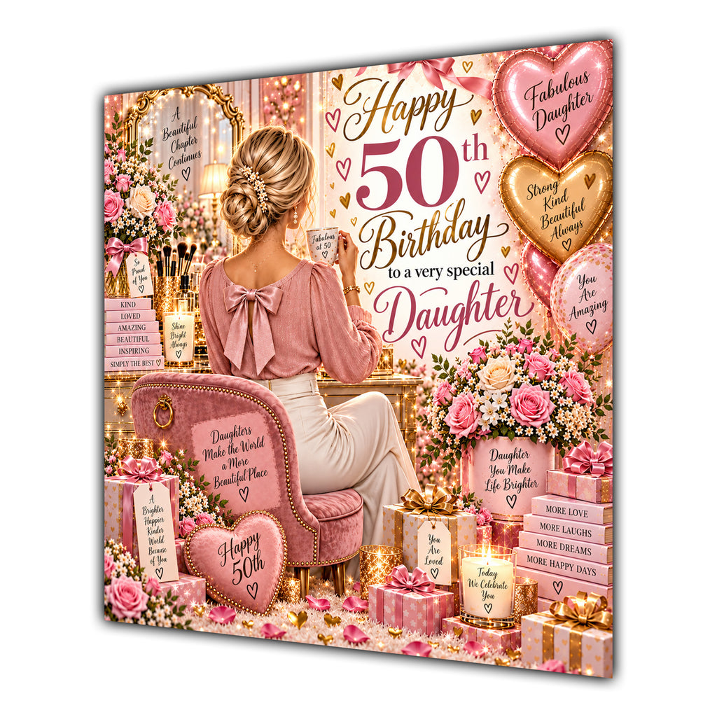 Daughter 50th Birthday Card Blonde Dressing Table Pink Roses