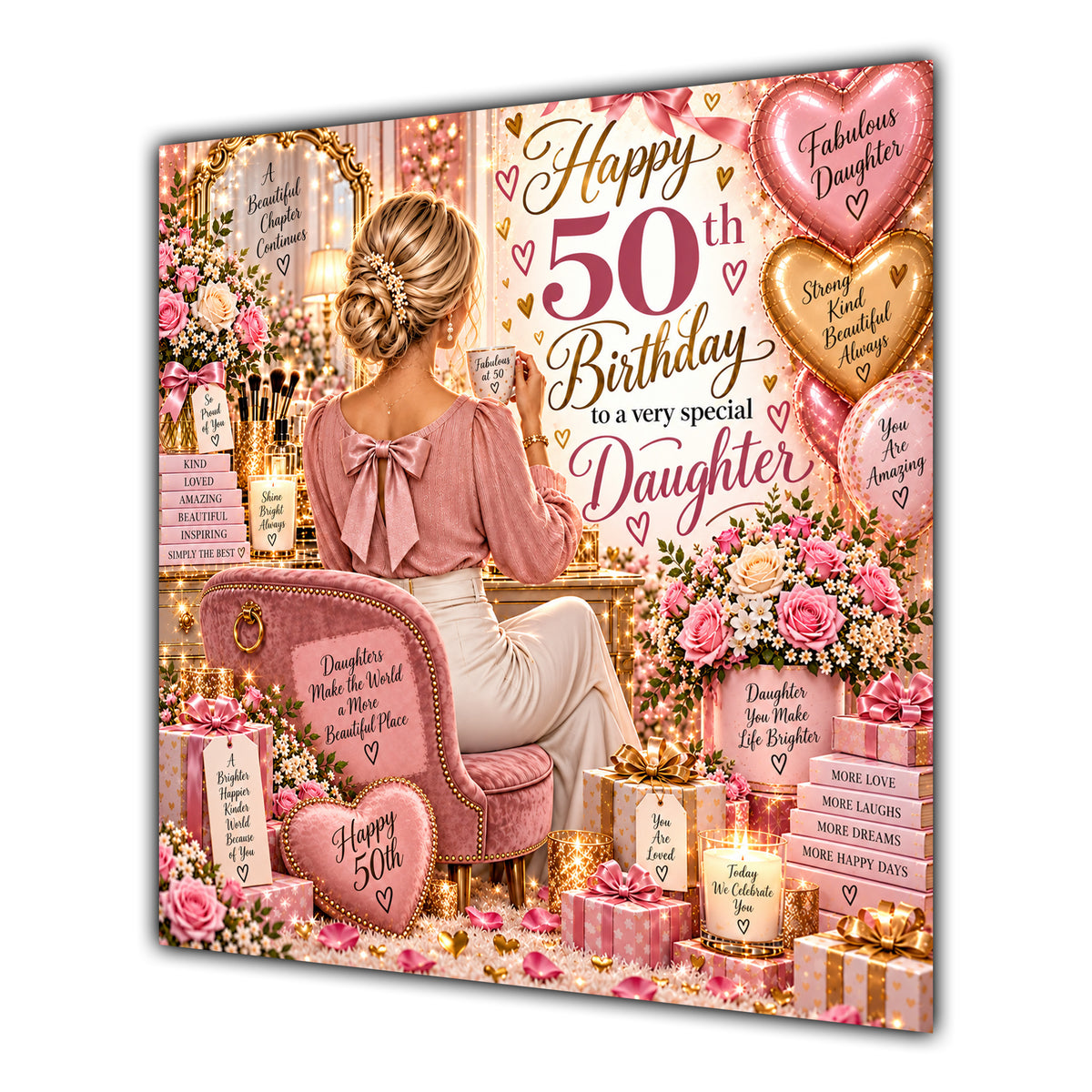 Daughter 50th Birthday Card Blonde Dressing Table Pink Roses