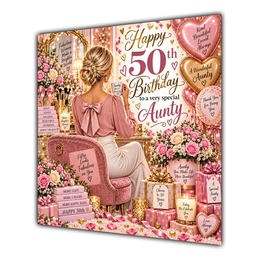 Aunty 50th Birthday Card Blonde Dressing Table Pink Roses