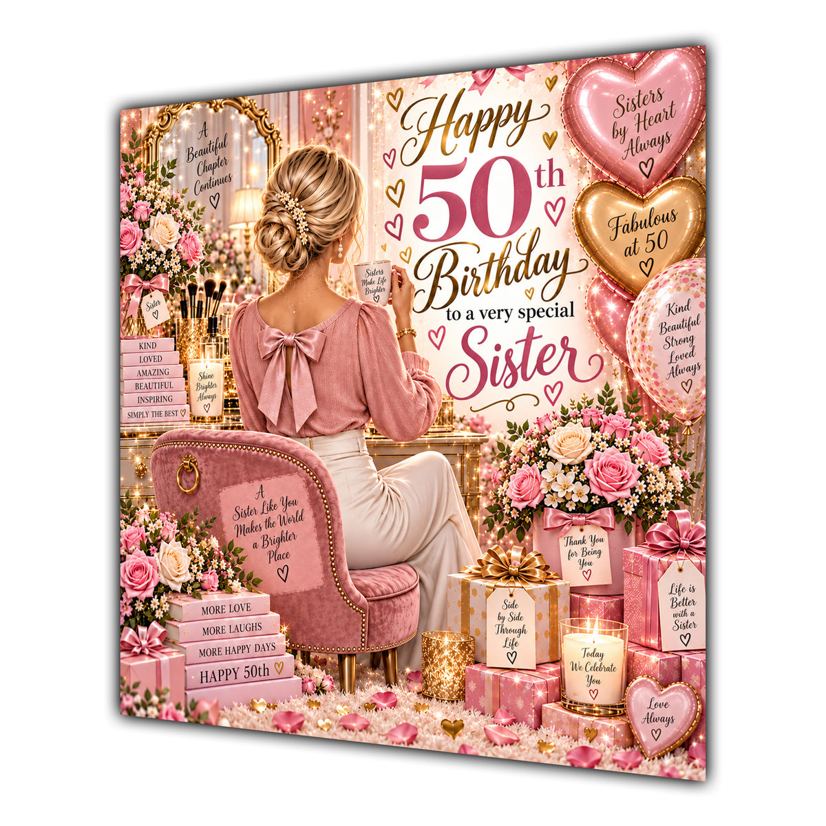Sister 50th Birthday Card Blonde Dressing Table Pink Roses