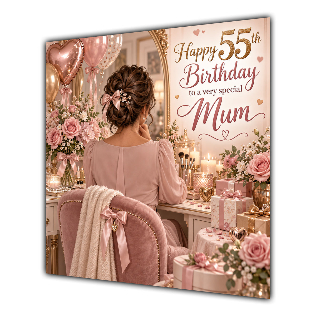 Mum 55th Birthday Card Brunette Dressing Table Pink Roses