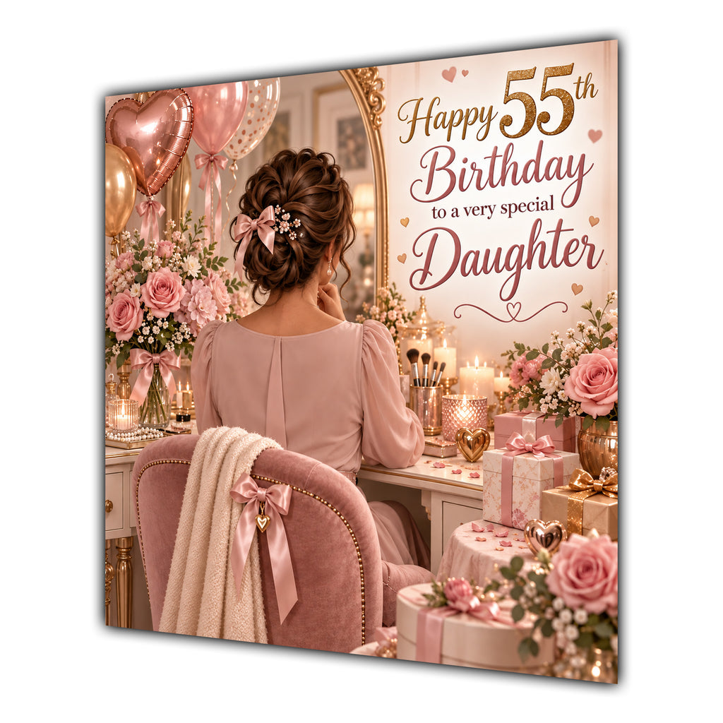 Daughter 55th Birthday Card Brunette Dressing Table Pink Roses