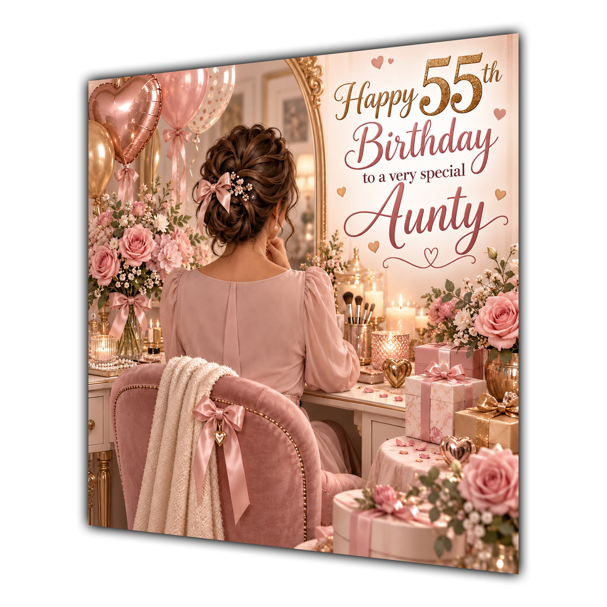 Aunty 55th Birthday Card Brunette Dressing Table Pink Roses