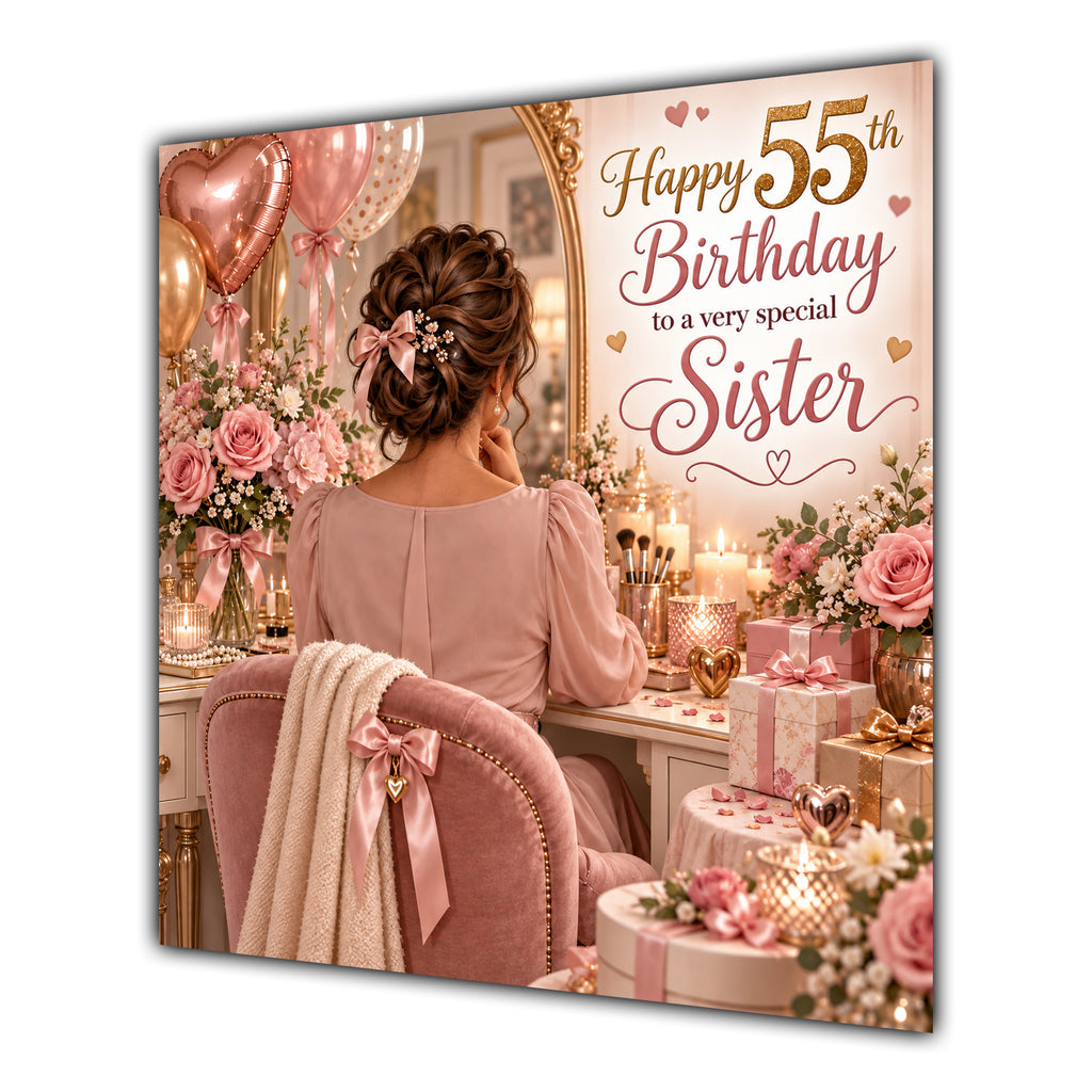 Sister 55th Birthday Card Brunette Dressing Table Pink Roses