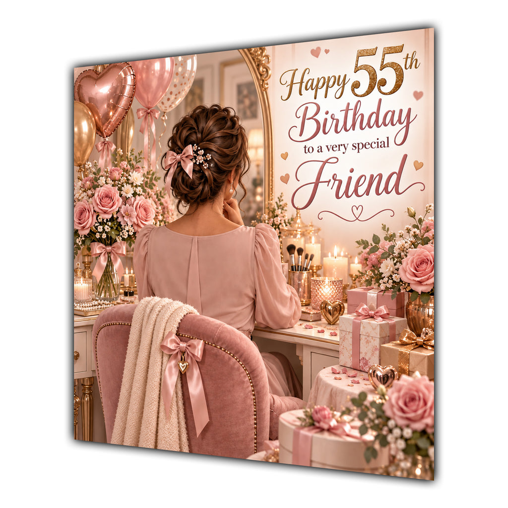 Friend 55th Birthday Card Brunette Dressing Table Pink Roses