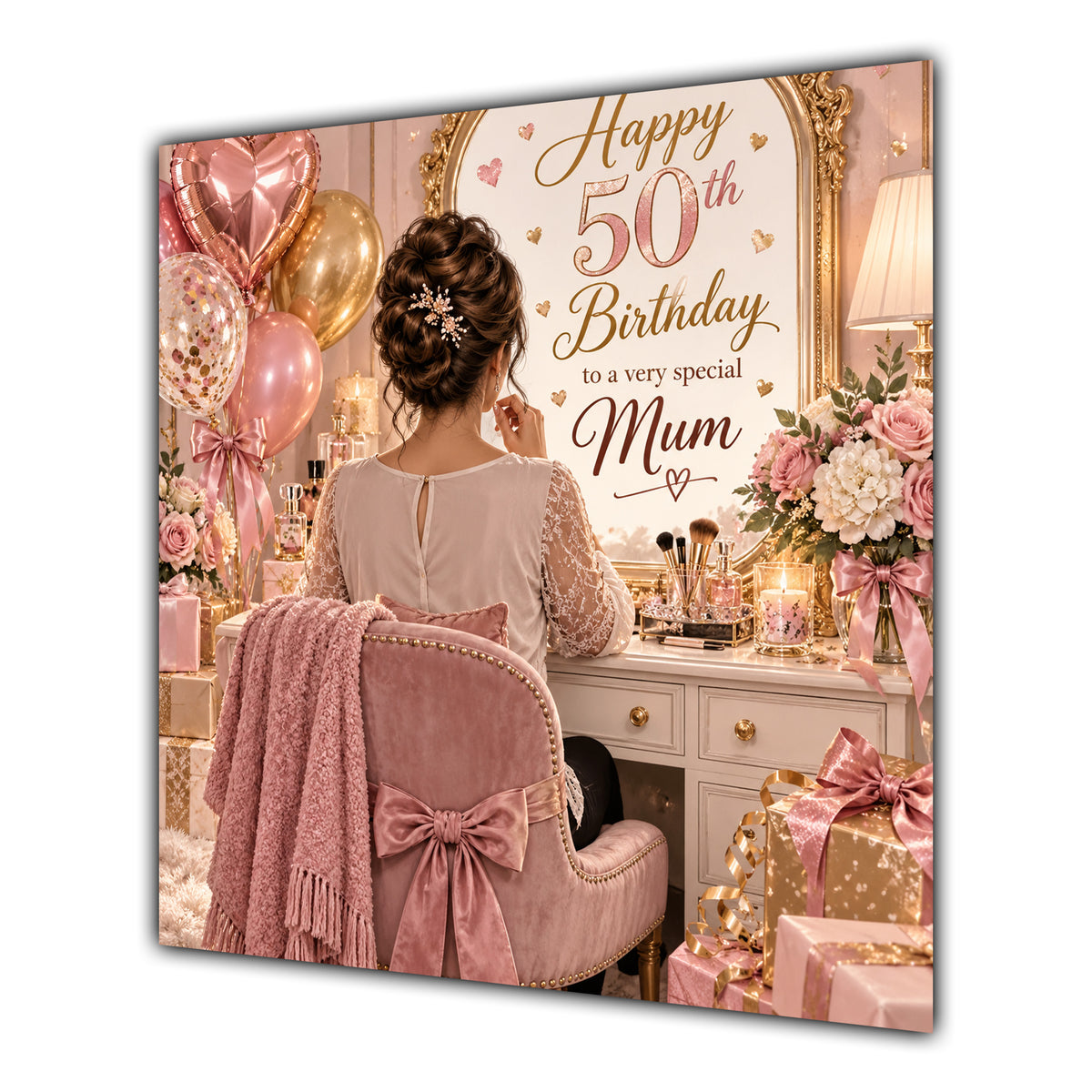 Mum 50th Birthday Card Brunette Dressing Table Pink Roses
