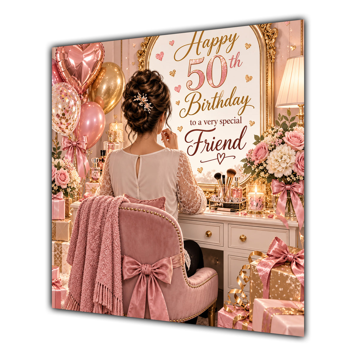 Friend 50th Birthday Card Brunette Dressing Table Pink Roses