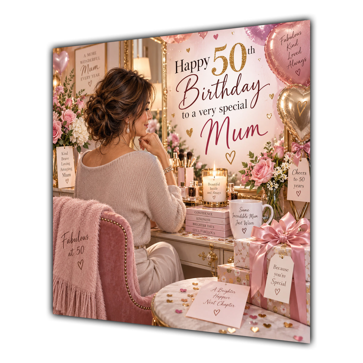 Mum 50th Birthday Card Brunette Dressing Table Pink Roses