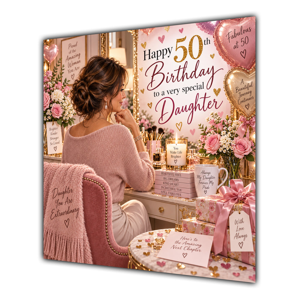 Daughter 50th Birthday Card Brunette Dressing Table Pink Roses