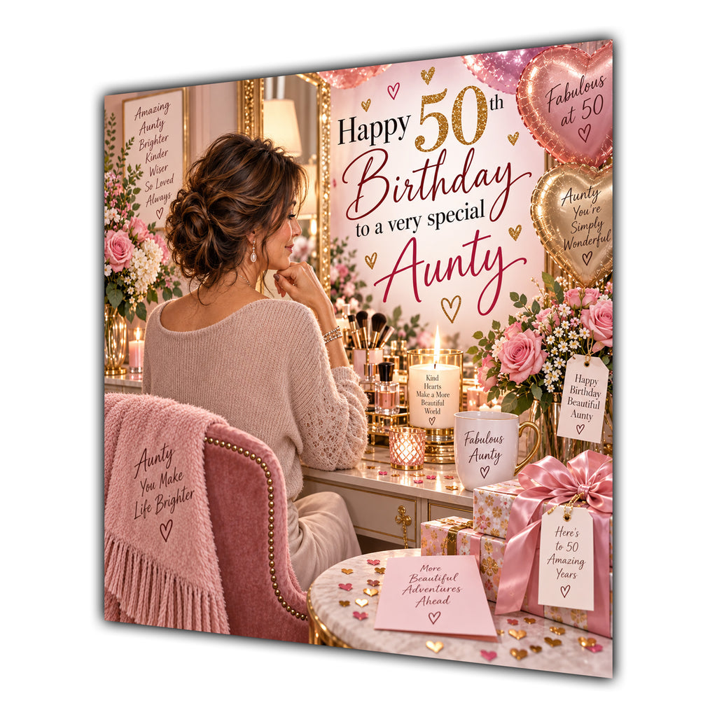 Aunty 50th Birthday Card Brunette Dressing Table Pink Roses