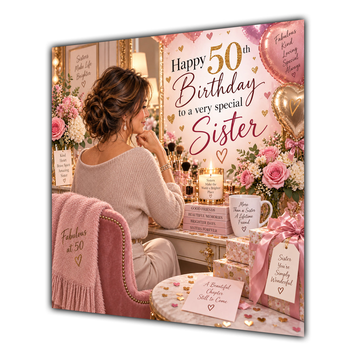 Sister 50th Birthday Card Brunette Dressing Table Pink Roses