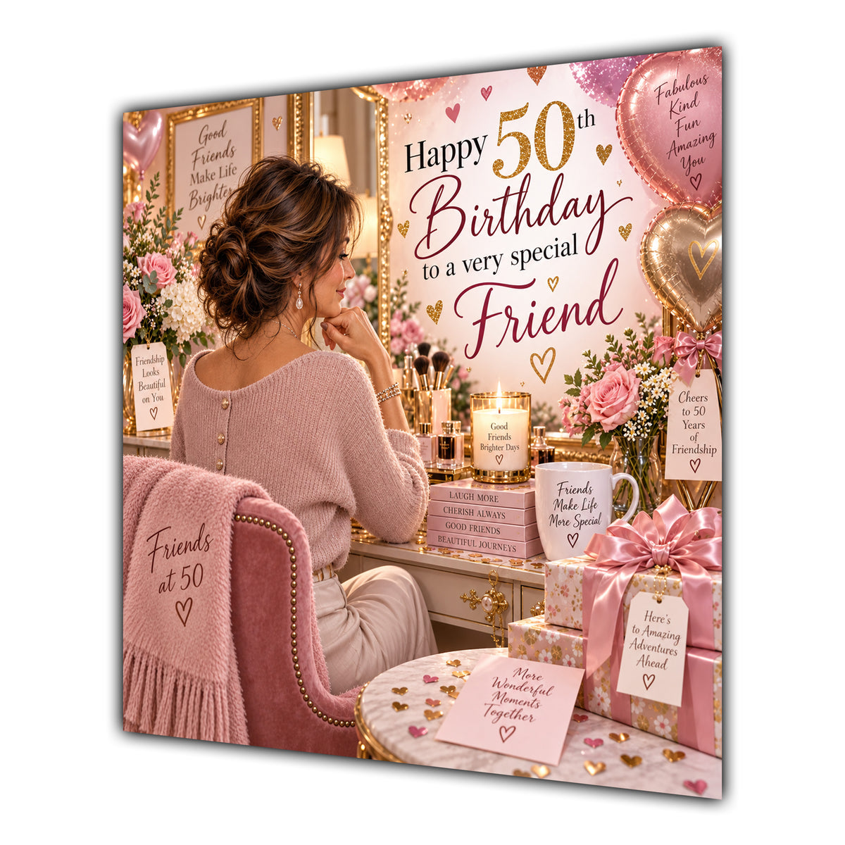 Friend 50th Birthday Card Brunette Dressing Table Pink Roses