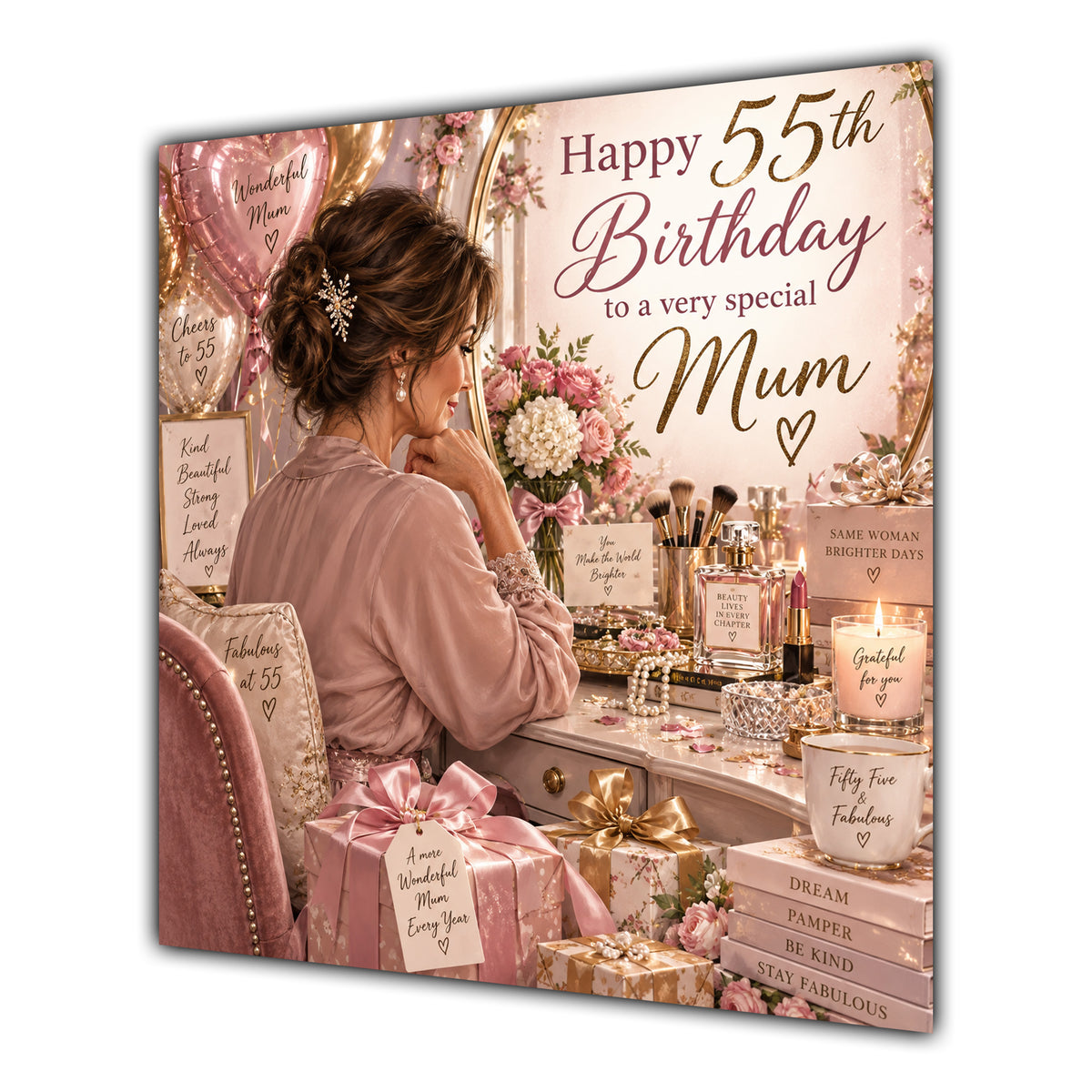 Mum 55th Birthday Card Brunette Dressing Table Pink Roses