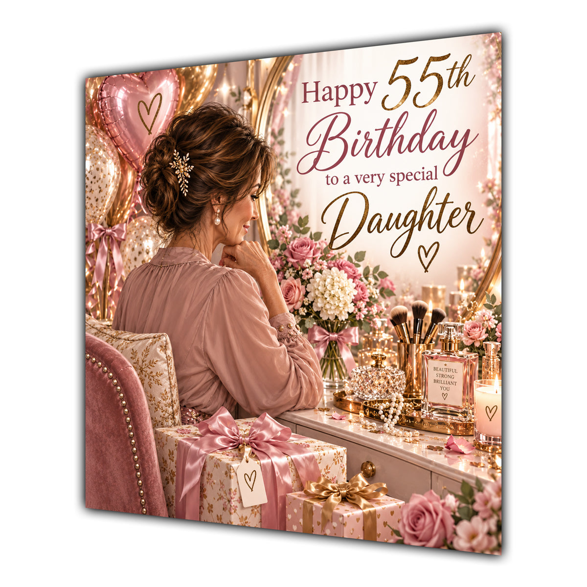 Daughter 55th Birthday Card Brunette Dressing Table Pink Roses