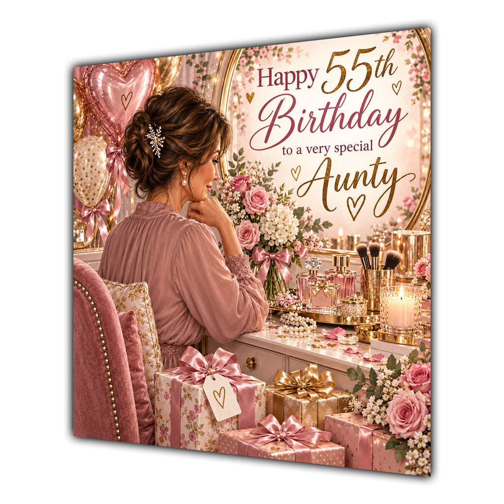Aunty 55th Birthday Card Brunette Dressing Table Pink Roses