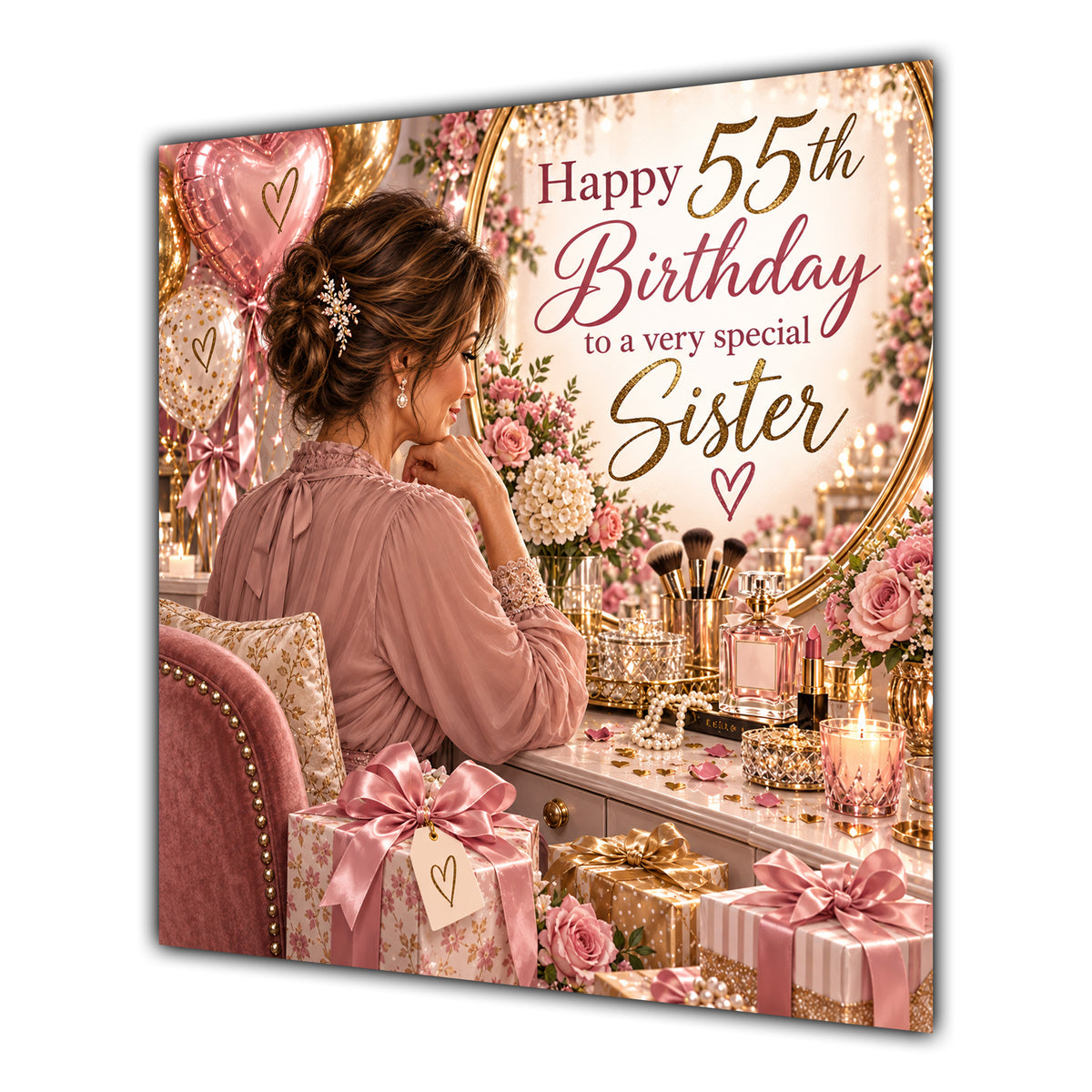 Sister 55th Birthday Card Brunette Dressing Table Pink Roses